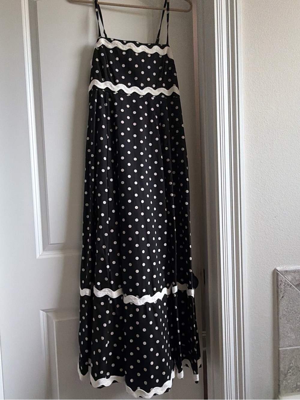 Black Polka Dot Maxi Dress with White Trim